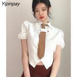 Yipinpay 2023 Summer Short Sleeve Women White Shirt Preppy Style Button Up Tie Ladies Crop Top JK Cosplay Female Clothing Tops