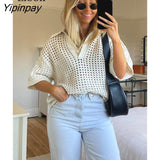 Yipinpay Sexy Knitted Hollow Out Top Women Loose T Shirt Summer Streetwear Short Sleeve Turndown Collar Creamy White Knitting Tops