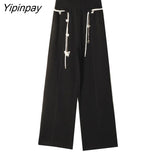 Yipinpay 2023 Autumn Wide Leg Bandage Women Full Pants Streetwear Chain Loose High Wasit Ladies Pants Female Black Trousers
