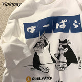 Yipinpay Men Tshirt Oversized Drinking Cat Anime Cotton Print Streetwear Graphic Short Sleeve Korean Fashion Top Harajuku Summer Clothing