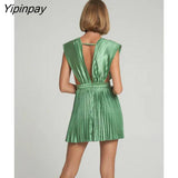 Yipinpay Solid Women Pleated Tank Dress Sexy V Neck High Waist A Line Dresses 2023 Fashion Club Party Sleeveless Cut Out Vestido