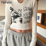 Yipinpay Vintage Letter Print Long Sleeve Crop Top Women Sexy Slim Knitted T Shirt Korean Style Y2k Aesthetic Streetwear Clothing