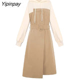 Yipinpay Patchwork Women Fake two pieces Long Dress 2023 Spring Fashion Loose Hoode Long Sleeve Plus Size Y2K Ladies Dresses