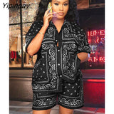 Yipinpay Print Tracksuit Women Short Sleeve Shirt And Shorts Two Piece Sets Female Fashion Outfits 2023 Single Breasted Top Suits