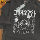 Yipinpay Women T-Shirt Oversize Y2k Tops Tees Anime Summer Cotton Gothic Print Vintage Graphic Harajuku Aesthetic Kawaii Korean Clothing