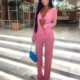 Yipinpay Woman Sexy Strapless Mesh Backless Trousers Suit Lady Perspective Breathable Long Sleeve Lace Up Casual Draped Pants Suit