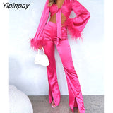 Yipinpay Feather Crop Tops And Split Trousers Two Piece Sets Women Fashion Flare Long Sleeve Tie Up Blouse High Waist Pants Suits
