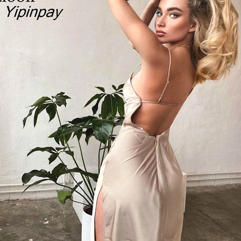 Yipinpay Sexy Satin Backless Slit Maxi Dress Women New 2023 Sleeveless Deep V Neck Black Champagne Birthday Party Long Dresses