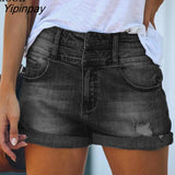 Yipinpay Button Up Cuffed Stretch Sexy Hole Jean Shorts High Waist Skinny Streetwear 2023 Summer Woman Trendy Ripped Denim Shorts