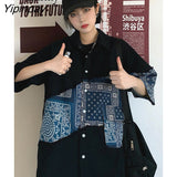 Yipinpay 2023 Summer Y2K Short Sleeve Oversize Shirt Women Street Style Patchwork Print Button Up Ladies Blouse Tunic Female Tops