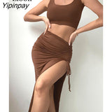 Yipinpay Black Brown Two Piece Bodycon Set Sexy Short Corset Tank Tops Ruched Slit Long Skirts Women High Waist 2pcs Outfits Sets
