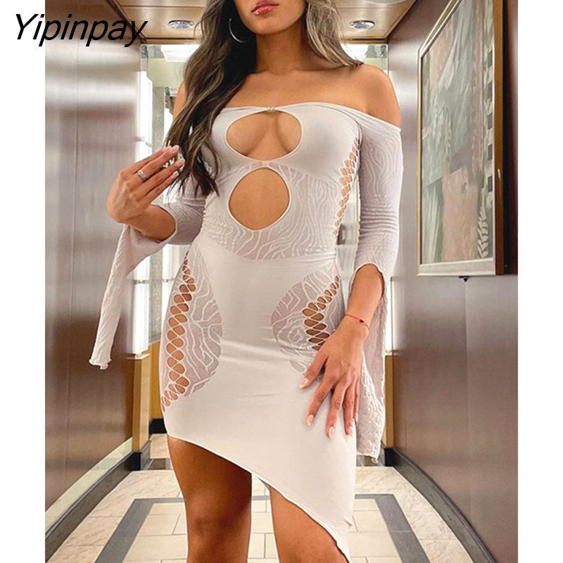 Yipinpay Sexy Solid Off Shoulder Hollow Out Dress Female Perspective Club Tight Hip Wrap Dress Lady Fashion Backless Party Clothes