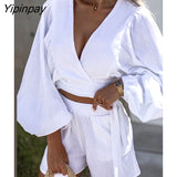 Yipinpay Women Casual Loose V Neck Crop Top And Straight Shorts Two Piece Set Female Solid Lace Up Long Sleeve Shirts Tops And Shorts Set