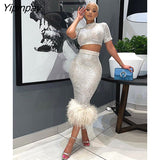 Yipinpay Women Sequins Skirt 2piece Set Female Cropped Slim Blouse Hemline Artificial Feather Bodycon Skirt Suits 2023 Sexy Streetwear 920