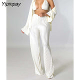 Yipinpay Long Sleeve Shirts With Bra Sets Woman Two Pieces Set Solid Pleated Trouser Suits Female Fashion Straight Pants Outfits