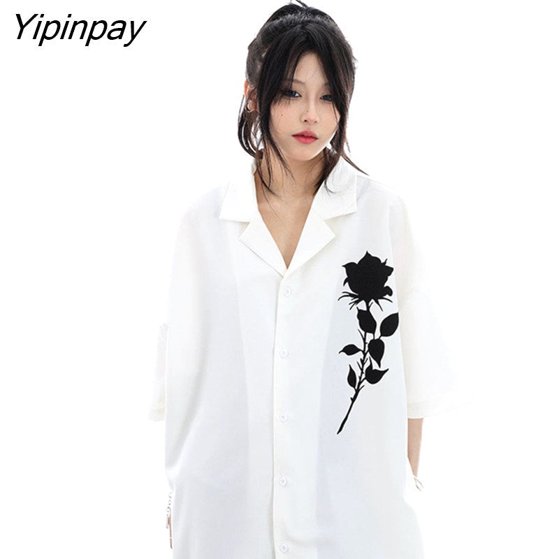 Yipinpay 2023 Summer Y2K Short Sleeve Floral Print Shirt Women Street Style Oversize Button Ladies Tunic Blouse Gothic Female Tops