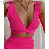 Yipinpay Women Knit Vest And Skirt Suits Female High Waist Side Split Skinny Skirts Set 2023 Summer Solid Sexy Backless Camis Outfits