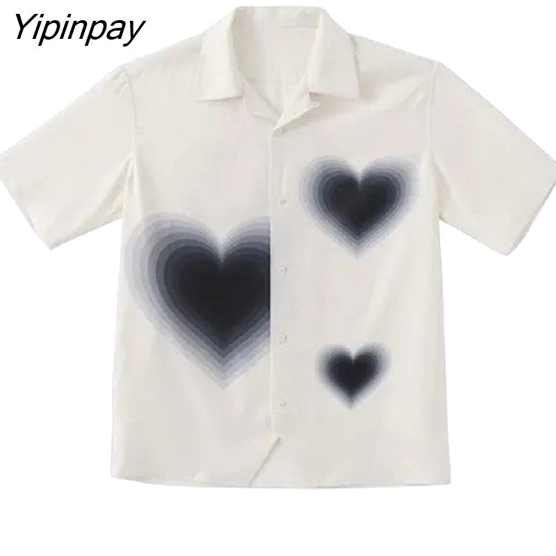 Yipinpay 2023 Summer Y2K Short Sleeve Women White Shirt Korea Style Button Heart Print Oversize Woman Blouse Female Clothing Top