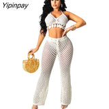 Yipinpay Summer Tassel Feather Women 2 Sets Sexy V Neck Bra Top And Hollow Out Pants Set Female Fashion Beach Party Outfits