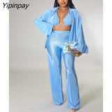 Yipinpay Long Sleeve Shirts With Bra Sets Woman Two Pieces Set Solid Pleated Trouser Suits Female Fashion Straight Pants Outfits