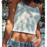 Yipinpay Print Bow Slim Crop Top Women Summer Sexy Sleeveless Short Cotton Camis Blouses Female Vintage Chic Sweet Crop Tops Y2k