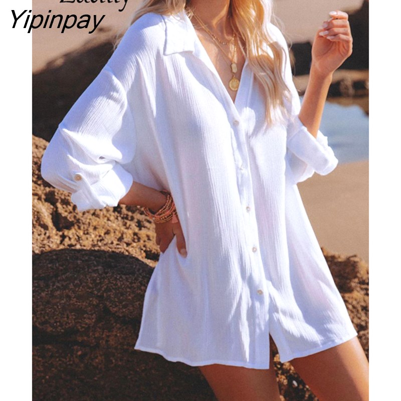 Yipinpay 2023 Spring New In Minimalist Solid Color Full Sleeve Women Long White Shirt Causal Loose Button Woman Tunic Blouse Tops