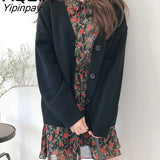 Yipinpay winter Korean style Solid Color Women Knitted Sweaters Cardigans Long Sleeve Button Up Loose Plus Size Female Sweater
