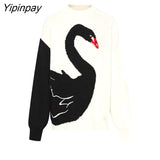 Yipinpay Winter Casual Black Swan Embroidery Women Loose Sweater Y2K Long Sleeve O Neck Patchowrk Knit Ladies Pullovers Fashion Tops