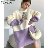 Yipinpay 2023 Winter Korea Style Long Sleeve Turtleneck Sweater Women Casual Loose Patchwork Warm Knit Pullover Female Clothing