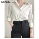Yipinpay 2023 Summer New Office Lady Long Sleeve Silk Basic Shirt Women Button Up Solid Blouse Fashion Work Female Clothing Tops