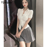 Yipinpay 2023 Summer Korean Style Short Sleeve Slim White Shirt Women Sexy Office Waist Tight Ladies Blouse New In Clothing Tops