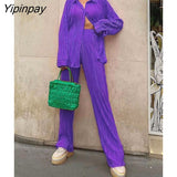 Yipinpay Shirt Suits Pleated Notched Single-Breasted Female Cardigan Two-Piece Loose Shirts and High-Waist Wide-Leg Pants Sets
