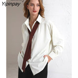 Yipinpay 2023 Spring Minimalist Oversize Long Sleeve Tie Shirt Women New In Loose Button Up Solid Ladies Tunic Blouse Female Tops