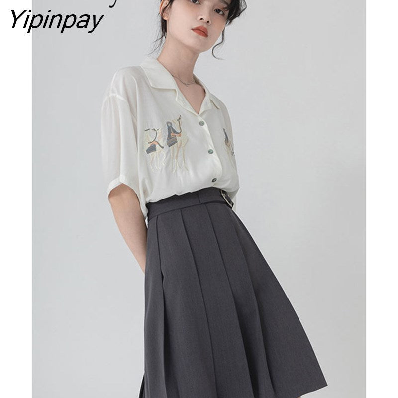 Yipinpay 2023 Summer Vintage Short Sleeve White Shirt Women Embroidery Button Up Ladies Blouse Casual Fashion Female Clothing Tops