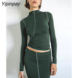 Yipinpay Half Turtleneck Bright Line Two Piece Suit For Women Sexy Long Sleeve Crop Top Skirt Sets 2023 Female Basic Tee Outfits