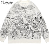 Yipinpay Knitted Sweater Harajuku Ukiyo-e Style Skull Graffiti Pullover 2023 Autumn Streetwear Sweater Men Women Cotton Knitwear
