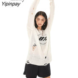 Yipinpay 2023 Winter Streetwear Long Sleeve Frayed Women White Sweater Loose O Neck Print Ladies Pullovers Female Clothing Tops