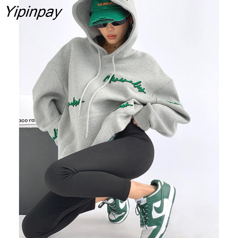Yipinpay 2023 Winter Streetwear Oversieze Letter Embroidery Thick Hoodies Women Long Sleeve Sweatshirt Female Pullover Clothing