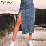 Yipinpay Button Up High Waist Skinny Slit Jean Skirt Pencil Office Lady Single Breasted Knee Length Sexy Bodycon Denim Midi Skirts