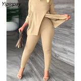 Yipinpay Women Irregular Pullover Two Piece Set Solid Long Sleeve Casual Split Tshirt Leggings Slim Sets 2023 Fashion Office Lady Outfits