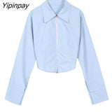 Yipinpay 2023 Spring Streetwear Long Sleeve Shirt Women Sexy Solid Turn Down Collar Zipper Crop Tops Blouse Party Female Clothing