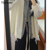 Yipinpay 2023 Winter Streetwear Frayed Long Sleeve Knit Cardigan Women Korean Style Patchwork Fake Two Pieces Ladies Sweater Coat