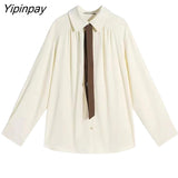 Yipinpay 2023 Autumn Office Lady Long Sleeve Tie Shirt Women Korean Style Button Up Loose Tunic Blouse Work Female Clothing Tops