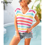 Yipinpay Knit T Shirt Women Knit Top 2023 New Arrivals In Knitwears All Match Basic Tees V Neck Hollow Out Sexy Tshirt Loose Tops