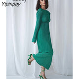 Yipinpay 2023 Spring New Sexy Full Sleeve Women Long Pleated Dress Elegant Solid Color Slim Waist Backless Party Woman Dresses