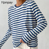 Yipinpay Blue Striped Sweater Pullovers Loose Knitted Tops Women Jumpers Long Sleeve Autumn Winter Streetwear Baggy Knit Sweaters