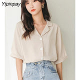 Yipinpay 2023 Summer Short Sleeve Chiffon White Shirt Women Office Lady Button Notched Neck Ladies Blouse Work Female Clothing Top