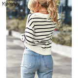 Yipinpay Striped Loose Knitted Sweater Tops Pullover Women Jumpers Streetwear Autumn Winter Long Sleeve V Neck Knitwear Sweaters