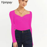 Yipinpay Knit Ribbed T Shirt Women Ruched Corset Top Autumn Long Sleeve V Neck Basic Tees Sexy Bodycon Tshirt Knitted Tops