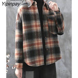 Yipinpay 2023 Winter Korean Style Long Sleeve Plaid Wool Liner Shirt Women Casual Button Up Loose Thick Ladies Tunic Blouse Tops